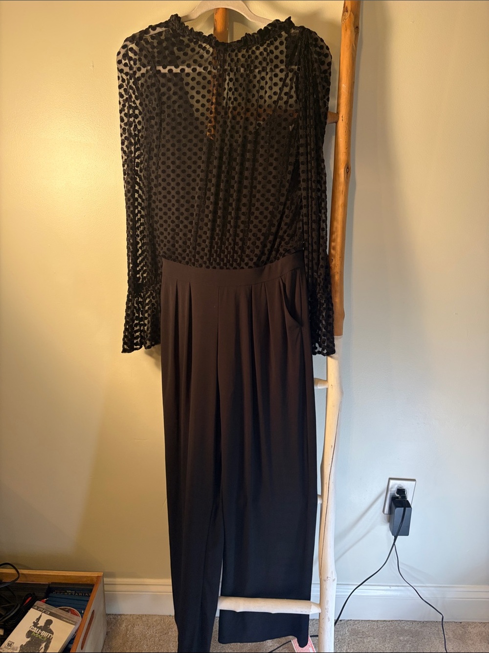 julia jordan Black Sheer Polka Dot Long-Sleeve Wide-Leg Jumpsuit